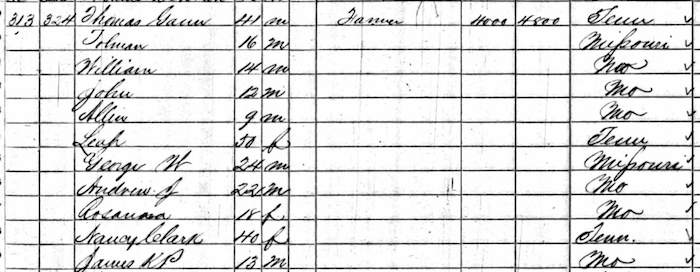 Leah Gann Family 1860 US Census Castoria CA