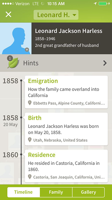 Harless, Leonard Jackson, Ancestry profile in iPhone