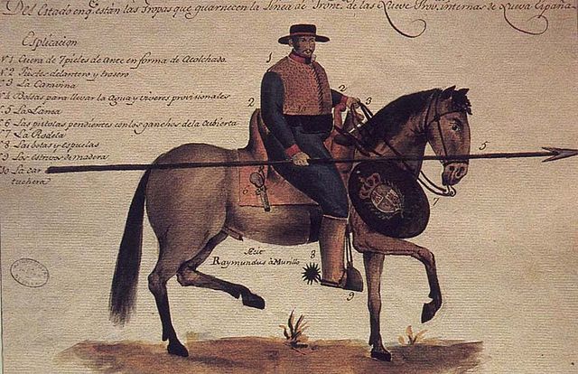Drawing of a soldado de cuero. Cavalry Uniform Design Drawn by Ramón Murillo, August 26, 1804.  Public domain image via Wikimedia. Drawing details via the New Mexico History Museum.
