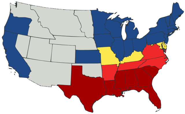 US Secession map 1861. Civil War.