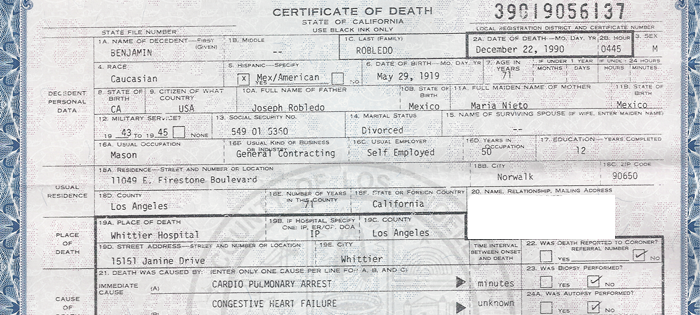 Benjamin Robledo, Death Certificate