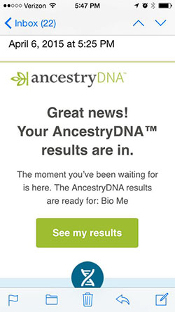 AncestryDNA Email Announcing Results