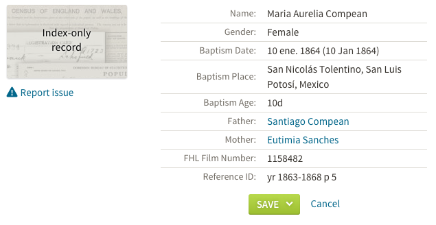 Aurelia Compean baptism entry in transcribed index. Mexico, Select Baptisms, 1560-1950. Source: FamiilySearch.