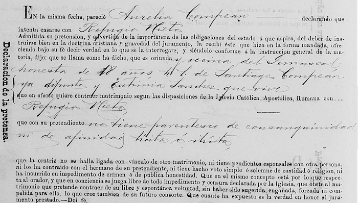 Marriage declaration by Aurelia Compean to Refugio Nieto, FamilySearch
