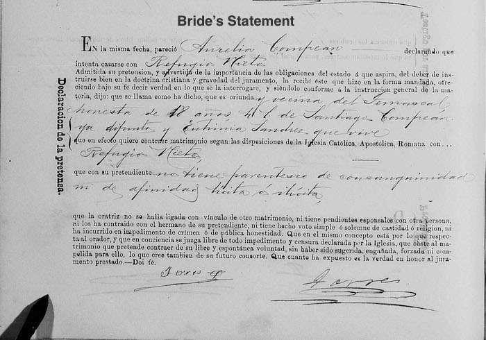 Refugio Nieto and Aurelia Compean Marriage - Bride's Statemenet