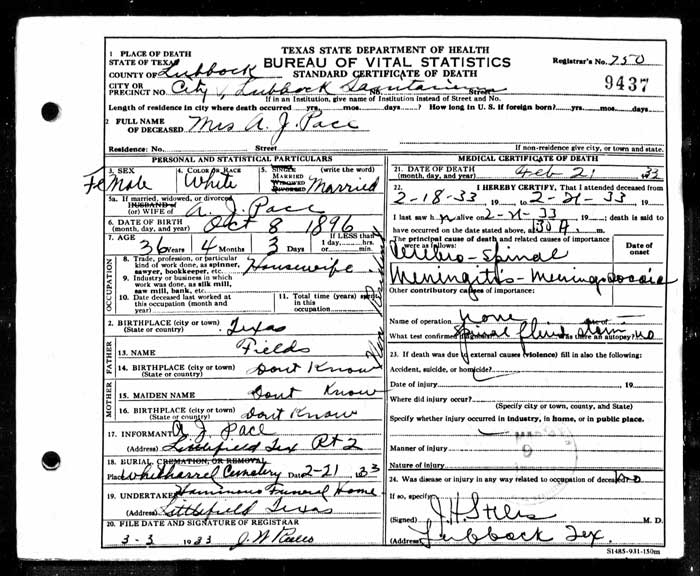 #52Ancestors: Finally Finding a Death Certificate and Obituary for Great-Grandmother Laura Mae (Fields) Pace