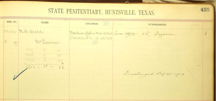 William Sanford Fields, Texas Convict Register