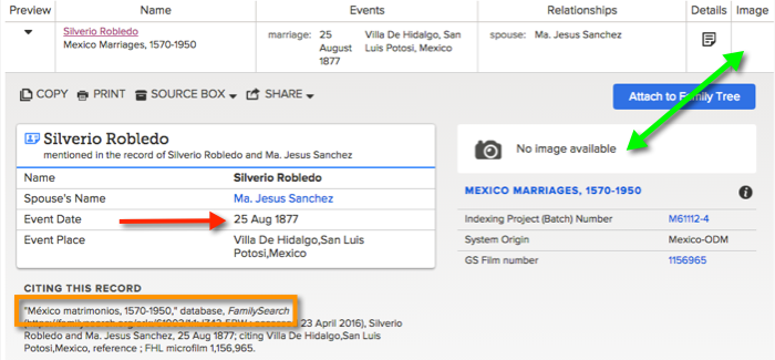 FamilySearch Index Entry for Silverio Robledo and Maria Jesus Sanchez Matrimonio