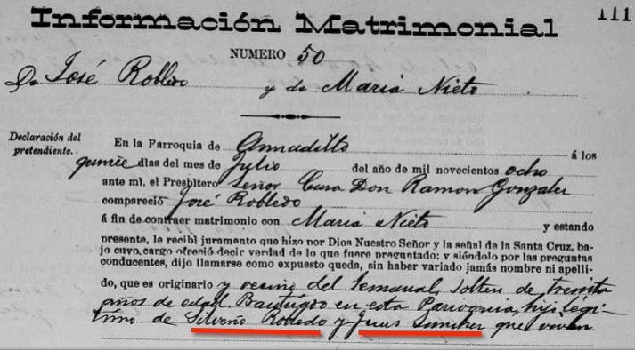 Parents Identified in Jose Robledo's 1908 Marriage Record